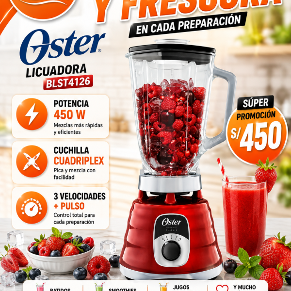 LICUADORA OSTER BLST4126, 3 VELOCIDADES, POTENCIA 700W, VASO DE VIDRIO