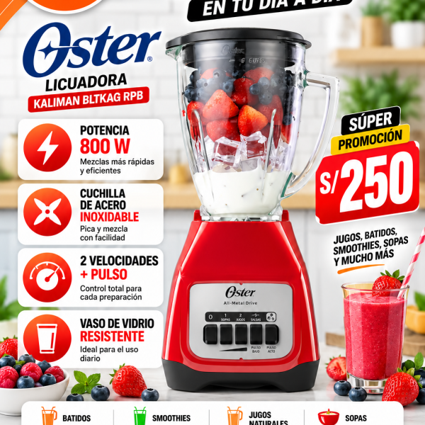 OSTER KALIMAN BLTKAG RPB , POTENCIA 800W, 2 VELOCIDADES+PULSO, VASO DE VIDRIO
