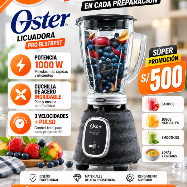 LICUADORA OSTER PRO BLSTBPST ,3 VELOCIDADES + PULSO, POTENCIA 1000W, CUCHILLA DE ACERO INOXIDABLE