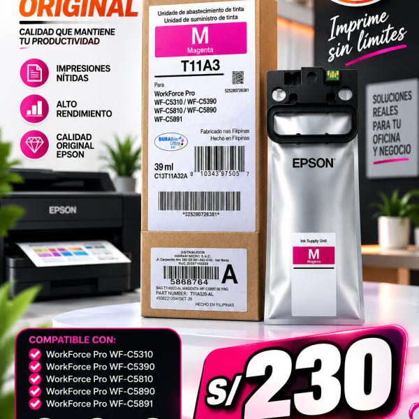 TINTA ORIGINAL EPSON T11A3 COLOR MAGENTA, 39ml, COMPATIBLE CON WORKFORCE PRO