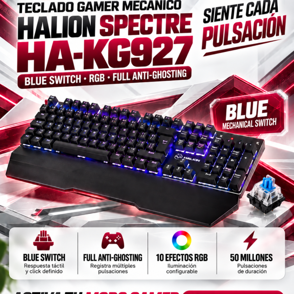 TECLADO GAMER HALION SPECTRE HA-KG927 , ALÁMBRICO USB, RGB, SWITCH BLUE