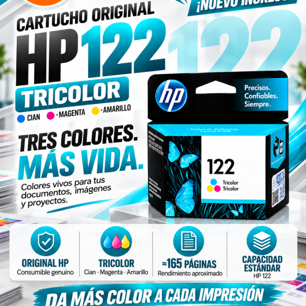CARTUCHO DE TINTA HP 122 TRICOLOR 1.5 ML, HASTA 100 PÁGINAS, CIAN + MAGENTA + AMARILLO