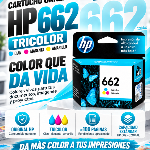 CARTUCHO DE TINTA HP 662 TRICOLOR HASTA 100 PÁGINAS, CIAN + MAGENTA + AMARILLO