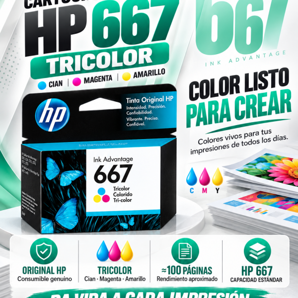 CARTUCHO DE TINTA HP 667 TRICOLOR , HASTA 100 PÁGINAS, CIAN + MAGENTA + AMARILLO