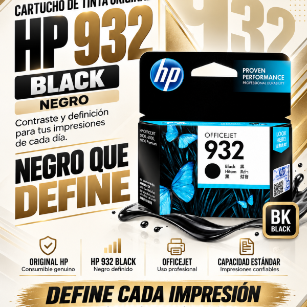 CARTUCHO DE TINTA HP 932 BLACK,8.5 ML, HASTA 400 PÁGINAS, TINTA PIGMENTADA