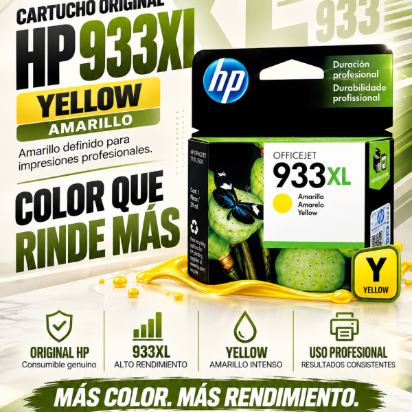 CARTUCHO DE TINTA HP 933XL YELLOW , 8.5 ML, HASTA 825 PÁGINAS, ALTO RENDIMIENTO XL