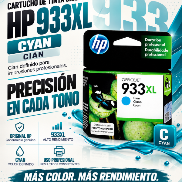CARTUCHO DE TINTA HP 933XL CYAN , 8.5 ML, HASTA 825 PÁGINAS, ALTO RENDIMIENTO XL