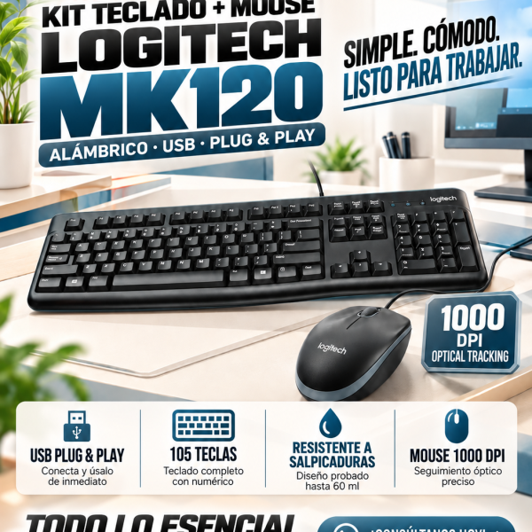 TECLADO + MOUSE LOGITECH MK120 , ALÁMBRICO, COLOR NEGRO