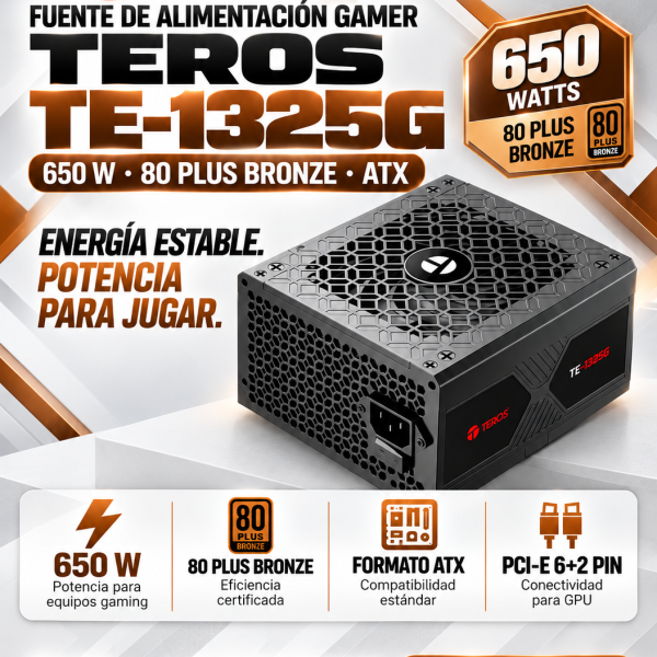 FUENTE DE PODER GAMER TEROS TE-1325G ,  Formato ATX, 650W 80 Plus Bronze 110-240V
