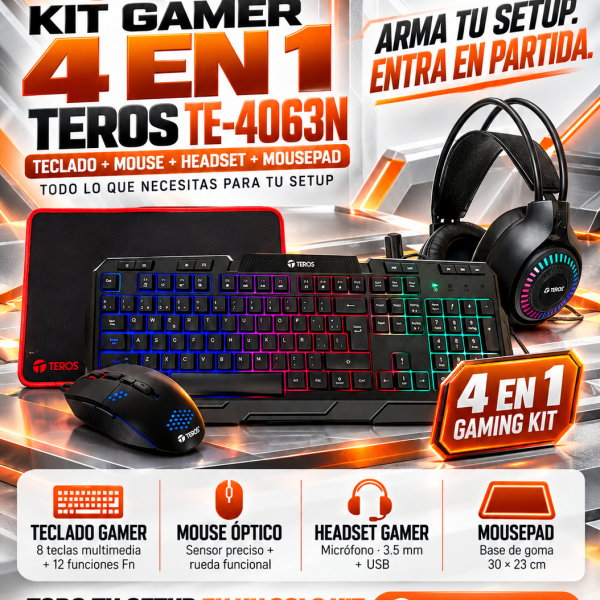 KIT GAMER 4 EN 1 TEROS TE-4063N , ALÁMBRICO , ILUMINACIÓN MULTICOLOR