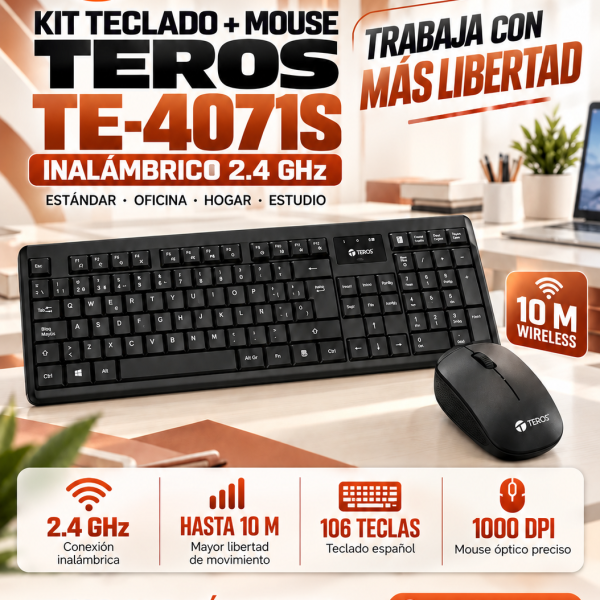 KIT TECLADO + MOUSE TEROS TE-4071S , INALAMBRICO, COLOR NEGRO