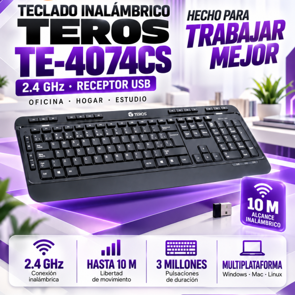 TECLADO INALÁMBRICO TEROS TE-4074CS , COLOR NEGRO