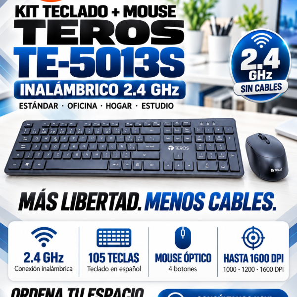 KIT TECLADO + MOUSE TEROS TE-5013S , COLOR NEGRO