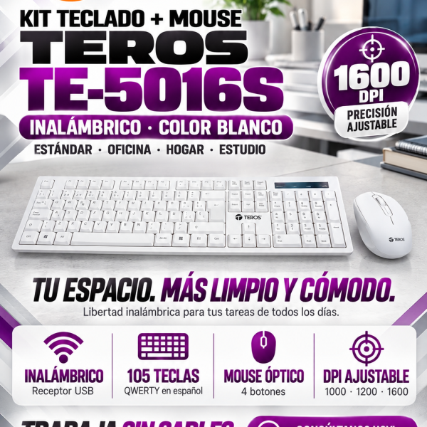 KIT TECLADO + MOUSE TEROS TE-5016S , COLOR BLANCO