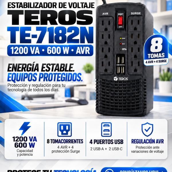 ESTABILIZADOR TEROS TE-7182N , 1200VA,600W,AVR , 8 TOMACORRIENTES , 4  PUERTOS USB