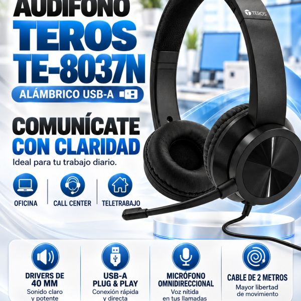 AUDiFONO TEROS TE-8037N ,BOCINAS 40 MM, MICRÓFONO FLEXIBLE, USB-A, CABLE 2 M, 108 DB
